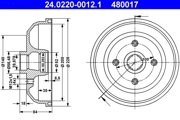 ATE 24.0220-0012.1 Brake Drum without wheel bearing, 228,0mm
