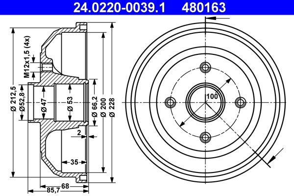 ATE 24.0220-0039.1 Brake Drum without wheel bearing, without ABS sensor ring, 228,0mm