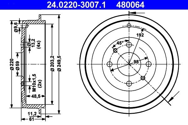 ATE 24.0220-3007.1 Tamburo freno 249,5mm