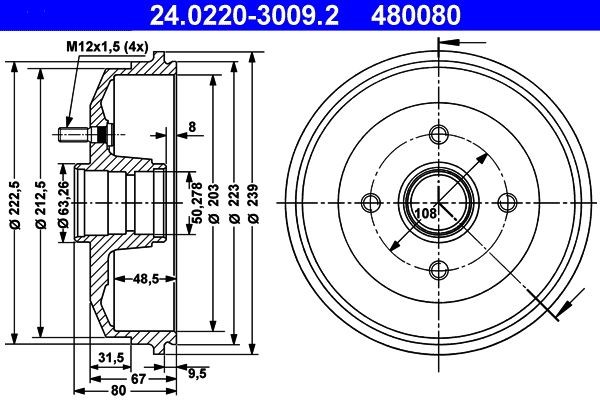 ATE 24.0220-3009.2 Brake Drum without wheel bearing, without ABS sensor ring, with wheel studs, 239,0mm