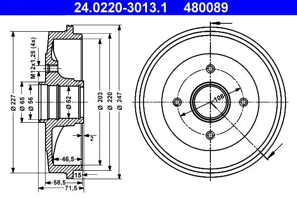 ATE 24.0220-3013.1 Brake Drum without wheel bearing, without ABS sensor ring, 247,0mm