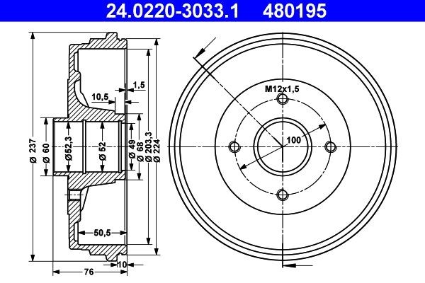 ATE 24.0220-3033.1 Bremstrommel ohne ABS-Sensorring, ohne Radlager, 237,0mm Nissan X-TRAIL 2008 in Original Qualität