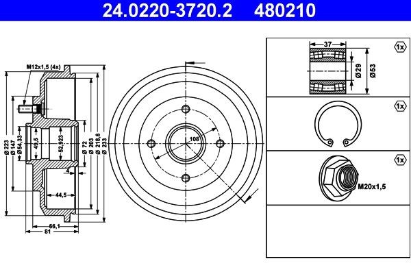 ATE 24.0220-3720.2 Brake Drum with wheel bearing, without ABS sensor ring, with wheel studs, 239,0mm