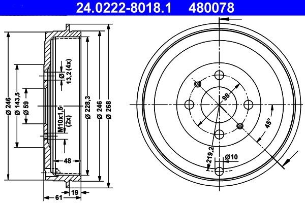 ATE 24.0222-8018.1 originali FIAT TIPO 2021 Coppia tamburi freno 268,0mm
