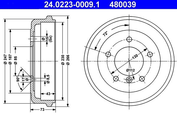 ATE 24.0223-0009.1 Brake Drum 266,0mm