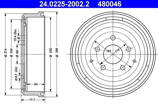 24.0225-2002.2 Brake Drum 24.0225-2002.2 ATE 286,0mm