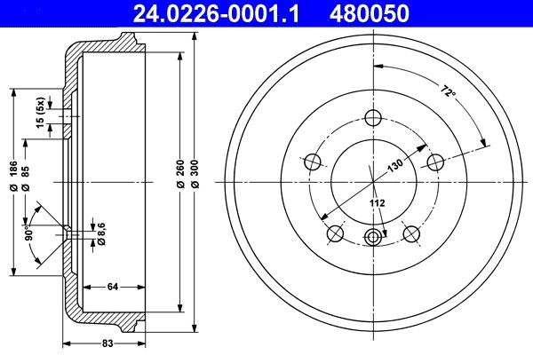 ATE 24.0226-0001.1 originali MERCEDES-BENZ Classe C 2013 Freno a tamburo 300,0mm