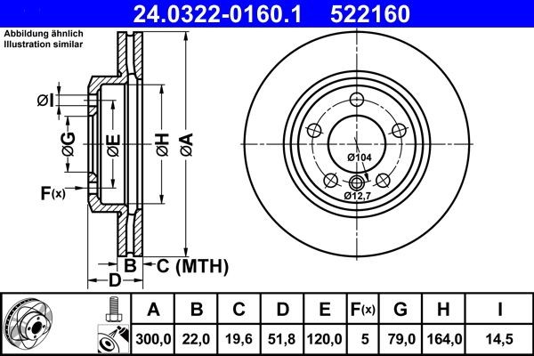 Disco freno 24.0322-0160.1 ATE 300,0x22,0mm, 5x120,0, ventilato, rivestito, ad alto tenore di carbonio, con bulloni/viti