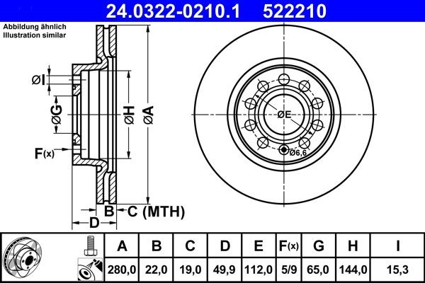 Disco freno 24.0322-0210.1 ATE 280,0x22,0mm, 5x112,0, ventilato, rivestito, ad alto tenore di carbonio, con bulloni/viti