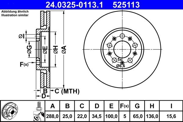 Disco freno 24.0325-0113.1 ATE 288,0x25,0mm, 5x100,0, ventilato, rivestito, ad alto tenore di carbonio, con bulloni/viti