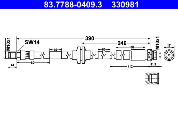 ATE 83.7788-0409.3 Brake hose 410 mm, M10x1