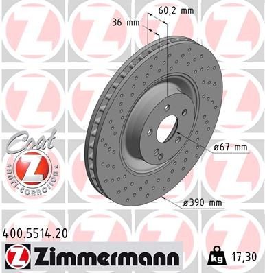ZIMMERMANN 400.5514.20 Brake disc 390x36mm, 6/5, 5x112, internally vented, Drilled dimples, Coated