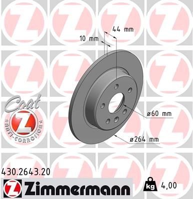 430.2643.20 ZIMMERMANN Brake rotors OPEL 264x10mm, 6/5, 5x105, solid, Coated