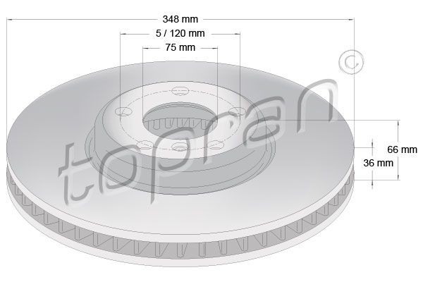 502 238 TOPRAN Brake rotors LAND ROVER Front Axle Left, 348x36mm, 5x120, Vented, Coated