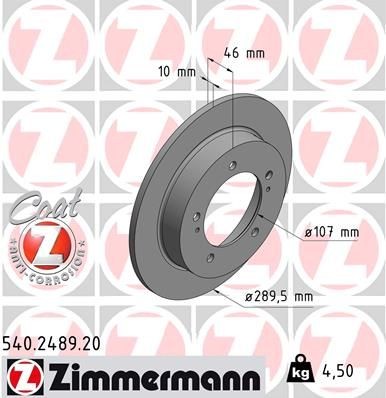 ZIMMERMANN COAT Z 540.2489.20 Brake disc 290x10mm, 7/5, 5x140, solid, Coated