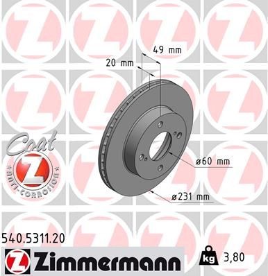 ZIMMERMANN COAT Z 540.5311.20 Brake disc 231x20mm, 6/4, 4x100, internally vented, Coated