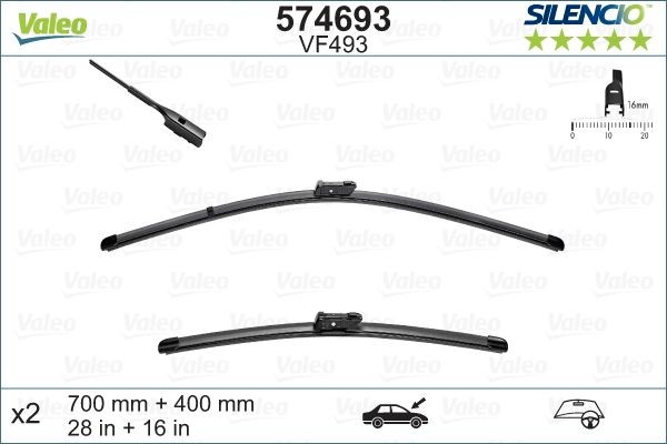 VF493 VALEO 700, 400 mm Front, Flat wiper blade, with spoiler, for right-hand drive vehicles, Pin Fixing Styling: with spoiler, Left-/right-hand drive vehicles: for right-hand drive vehicles Wiper blades 574693 buy