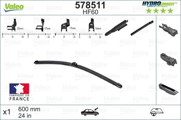 VALEO HF60 Windscreen wiper 600 mm Front, Beam, for left-hand drive vehicles, 24 Inch , Hook fixing, Top Lock, Pin Fixing