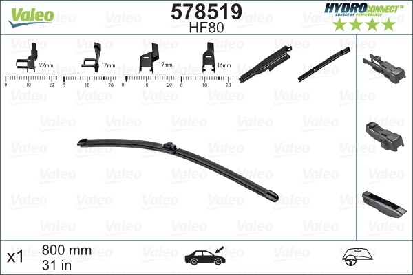 578519 Window wiper 578519 VALEO 800 mm Front, Beam, for left-hand drive vehicles, 31 Inch , Hook fixing, Top Lock, Pin Fixing