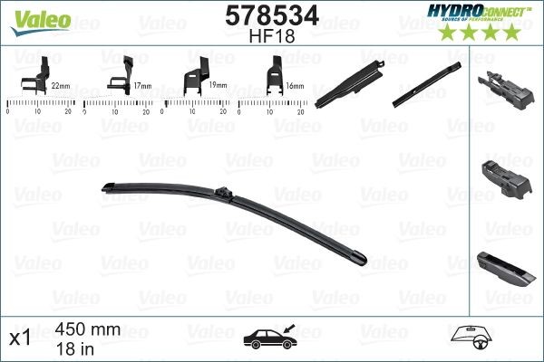 HF18 VALEO 450 mm Front, Flat wiper blade, for right-hand drive vehicles, 18 Inch , Hook fixing, Top Lock, Pin Fixing Left-/right-hand drive vehicles: for right-hand drive vehicles Wiper blades 578534 buy