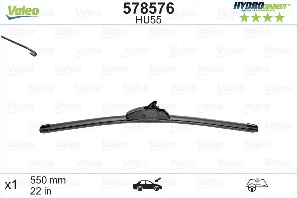 578576 Window wiper 578576 VALEO 550 mm Front, Beam, for left-hand drive vehicles, 22 Inch , Hook fixing