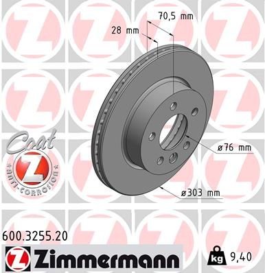 ZIMMERMANN COAT Z 600.3255.20 Brake disc 303x28mm, 6/5, 5x120, internally vented, Coated, High-carbon